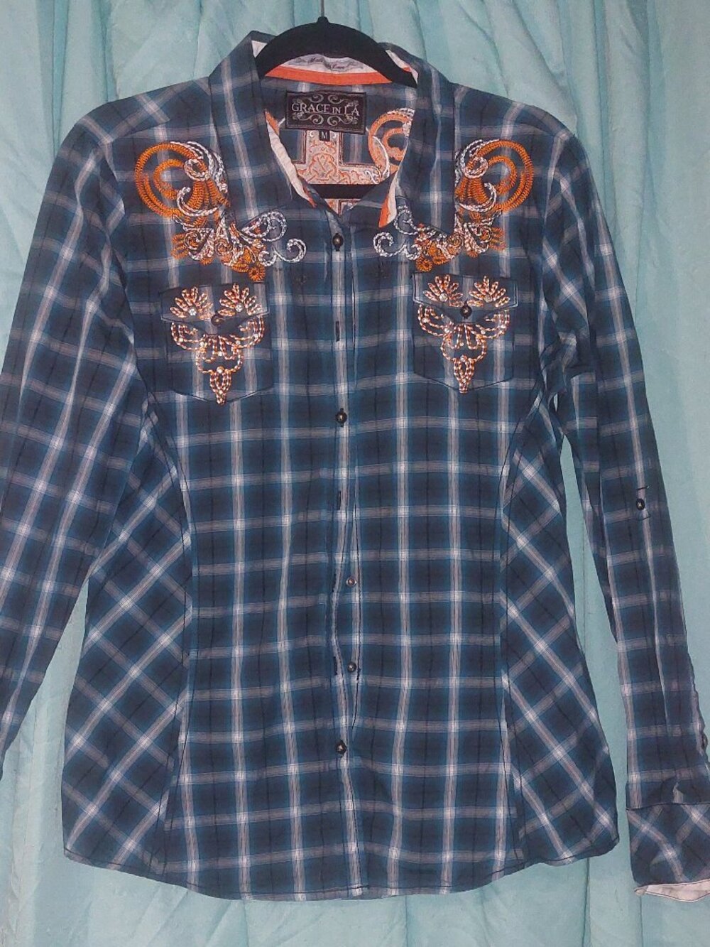 Grace in LA Blue Plaid Button Up Shirt with Orange Embroidery Medium